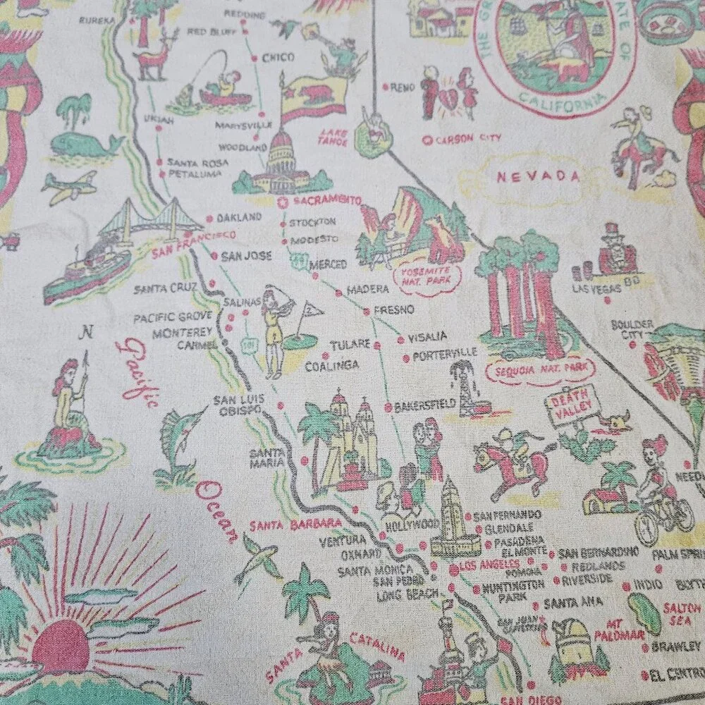 Vintage 40s Large Linen Kitchen Tea Towel California Souvenir Tourist Map 37x29